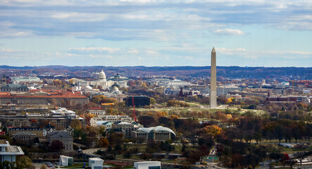 Washington DC skyline and monuments seen from an observation deck in Arlington, Virginia. U.S. Capitol dome is at left, tall Washington Monument is at right.