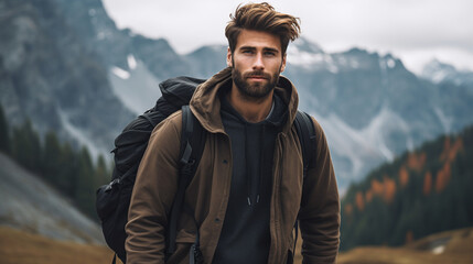 Handsome young man with backpack on the background of mountains. ai generative - obrazy, fototapety, plakaty