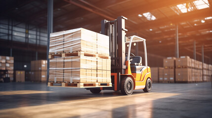 forklift in warehouse with boxes. Sending goods to clients. Shipment of supplies Warehouse delivery. Logistics transport trucks. ai generative - obrazy, fototapety, plakaty