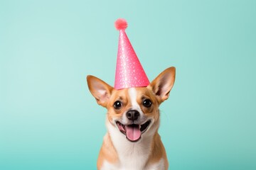 Happy cute dog wearing in party hat celebrating at birthday party isolated on blue background. Greeting card, banner, postcard, poster, print, design with copy space