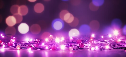 Christmas holiday decoration and illumination concept. Garland bokeh lights over purple background.