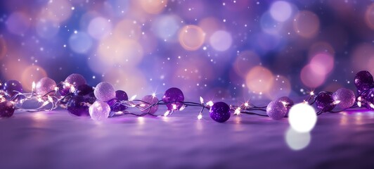 Christmas holiday decoration and illumination concept. Garland bokeh lights over purple background.