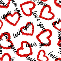 Red hearts seamless pattern with love you, endless background for valentine day