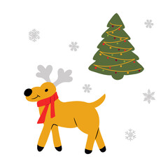 Flat vector hand drawn reindeer and Christmas tree. Christmas traditional character, Santa Claus friend with red scarf in kids cartoon style. Good for Christmas decoration, stickers, pattern