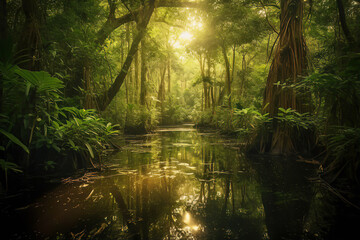 Sunbeams pierce through the dense canopy to dance upon the surface of a serene jungle river