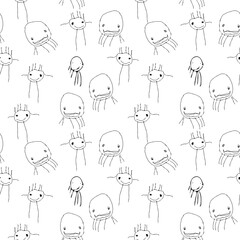 Seamless pattern with cute cartoon monsters. Black and white vector illustration.