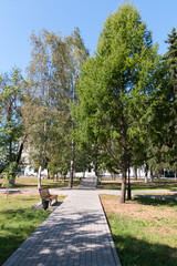 Small Gumilev's park with benches and trees, Tver, Russia