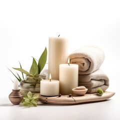 Fototapeta na wymiar Spa Setting with Aromatic Candles on White Background
