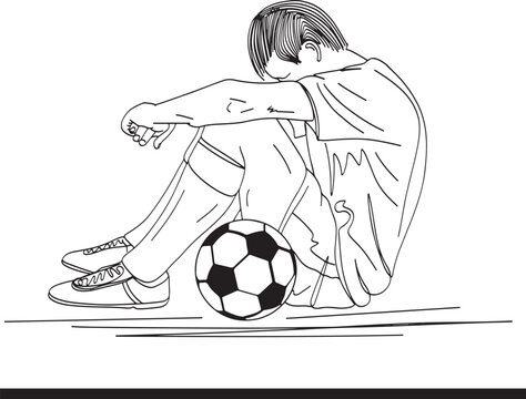Soccer Player Sketch: Emotional Response to Game Loss, Defeated Footballer Clip Art: Cartoon of Sad Male Player, Sports Emotions Illustration: Sad Soccer Player with Ball