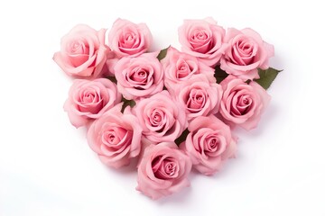 A bouquet of pink roses in the shape of a heart on a white background.