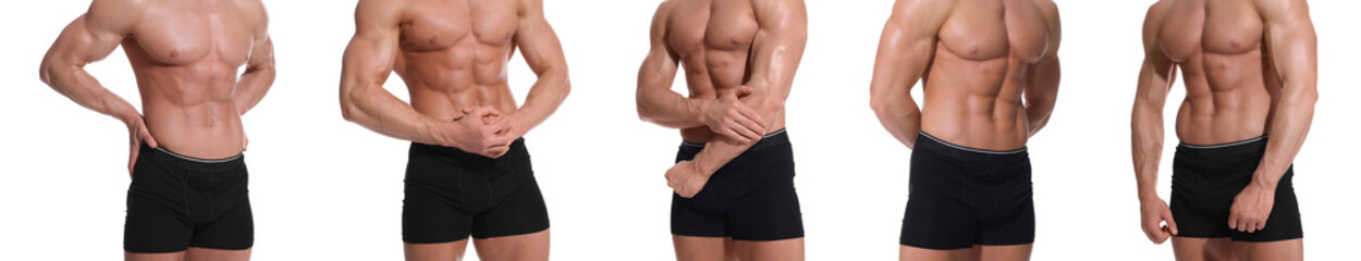Obraz premium Man in stylish black underwear on white background, set of closeup photos