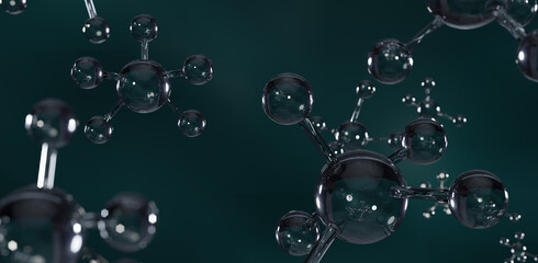 Biotechnology science analysis concept,transparent atom and molecule water structure,blue background, from microscope in laboratory, chemistry, medical research and development,3d render illustration