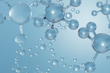 Biotechnology science analysis concept,transparent atom and molecule water structure,blue background, from microscope in laboratory, chemistry, medical research and development,3d render illustration
