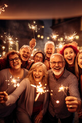 Happy family celebrating christmas, new year with sparkling fireworks and spalkler lights during night party - Group of people of different ages having fun. People concept - obrazy, fototapety, plakaty
