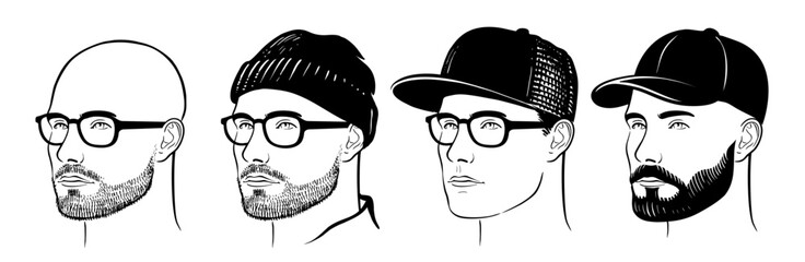 Bearded men in baseball cap. Female set portrait - obrazy, fototapety, plakaty