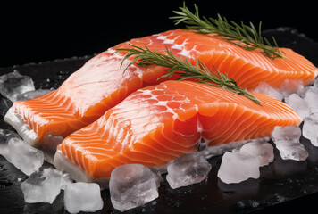 pieces of red fish with rosemary lying on crushed ice