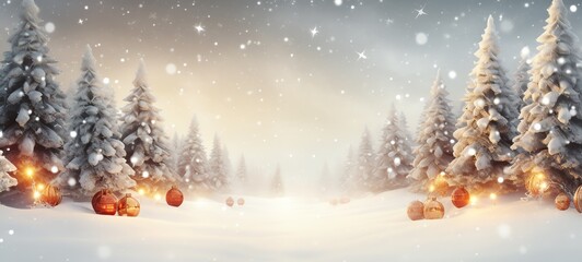 Merry Christmas and Happy New Year wide screen background, Christmas Tree with lights and snow.