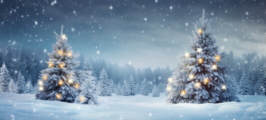 Merry Christmas and Happy New Year wide screen background, Christmas Tree with lights and snow.