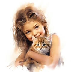 Tender Moments of a Little Girl with Her Kitten Cat in Captivating Watercolor Clipart