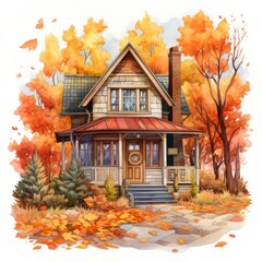 Autumn Cottage Capturing the Essence of a Crisp Fall Day in Captivating Watercolor Clipart