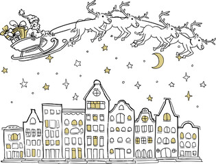 Santa Claus in his sleigh flies over the rooftops on a dark night