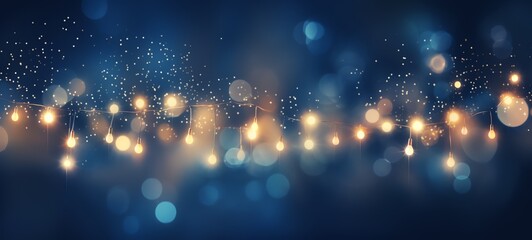 Christmas holiday and Happy New Year decoration and illumination concept. Garland bokeh lights over blue background.
