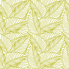 Fototapeta na wymiar Exotic leaves, line art tropical strelitzia floral seamless pattern black and white color. Vector background for prints, fabric, wallpapers, wrapping paper, poster, card