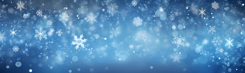 Naklejka na ściany i meble Schnee, Eiskristall, Schneefall zu Weihnachten im Winter vor blauem Hintergrund