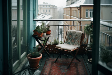 Cozy city terrace with table and chair in winter, decorated with succulent  plants in flowerpots