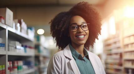 Courteous smiling black female pharmacist in white coat assists clients in pharmacy providing...