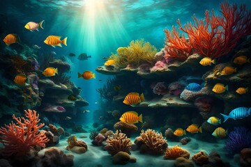 "Generate a surreal underwater world background with colorful coral reefs, exotic fish, and shafts of sunlight penetrating the depths.