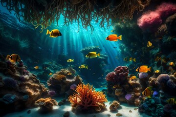"Generate a surreal underwater world background with colorful coral reefs, exotic fish, and shafts of sunlight penetrating the depths.