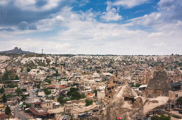 Fototapeta na wymiar Rocky landscape in Cappadocia, Turkey. Travel in Cappadocia. Amazing landscape view of Goreme town in Cappadocia Turkey