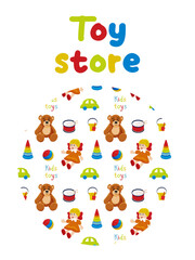 Kids toys banner. Flyer for store, playroom. Colorful vector illustration