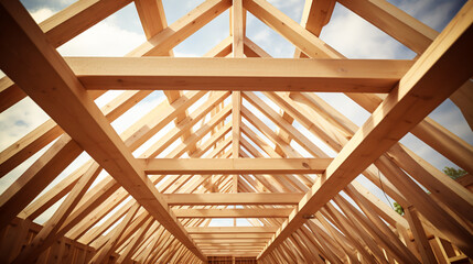 Wood roof trusses constructed with construction framing beams timber. ai generative