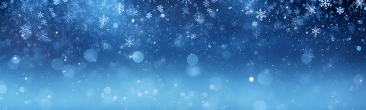 Schnee, Eiskristall, Schneefall zu Weihnachten im Winter vor blauem Hintergrund