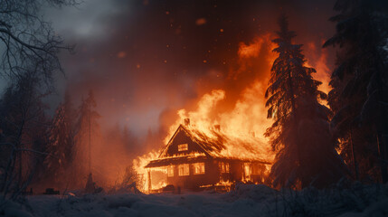 the house is on fire, smoke is pouring from the roof in the winter forest. ai generative - obrazy, fototapety, plakaty