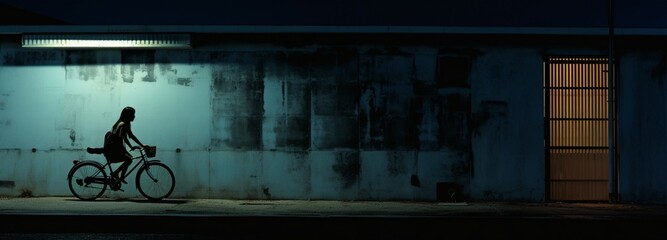 Woman riding a bicycle on a night street, matte painting, no splatter, post minimalism, blue wall, dark building, horizontal digital illustration