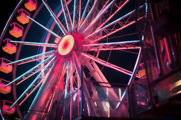 Neontraum in der Nacht - Langzeitbelichtetes Riesenrad in lebendigen Neonfarben im Jahrmarktspaß