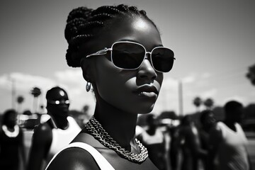 Handsome black woman walking in the street, black and white candid street photography - obrazy, fototapety, plakaty