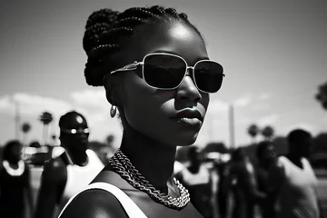 Foto op Aluminium Handsome black woman walking in the street, black and white candid street photography © Artem