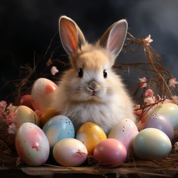A Serene White Rabbit Surrounded by Colourful Flowers and Easter Eggs. A Rabbit Surrounded by a Pile of Colourful Easter Eggs