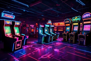 Imagine a retro arcade background with neon lights, classic gaming machines, and an energetic atmosphere."