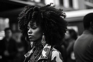 Handsome black woman walking in the street, black and white candid street photography