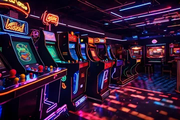 Fotobehang Imagine a retro arcade background with neon lights, classic gaming machines, and an energetic atmosphere." © Mazhar