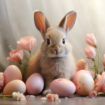 A Serene White Rabbit Surrounded by Colourful Flowers and Easter Eggs. A Rabbit Surrounded by a Pile of Colourful Easter Eggs
