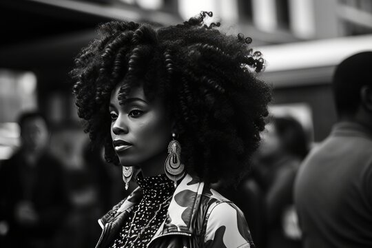 Fototapeta Handsome black woman walking in the street, black and white candid street photography