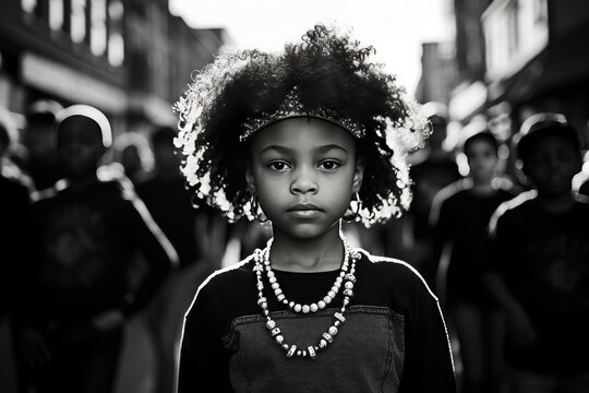 Handsome black girl walking in the street, black and white candid street photography