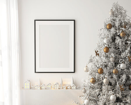 Frame mockup, ISO A paper size. Living room wall poster mockup. Interior mockup with house background. Modern interior design with Christmas tree decoration. 3D render