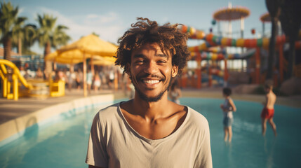 smiling man looking at the background of a swimming pool in an amusement park. ai generative - obrazy, fototapety, plakaty